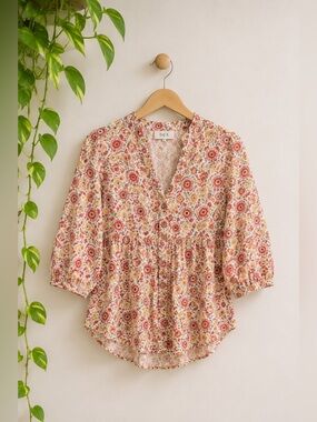 DEX Red‎ Yellow Floral Peasant Blouse Sz M Western Boho Cottagecore Flowy Cowboy